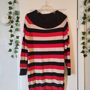 Chic Striped Long Sleeve Dress in Black, Red, and Cream